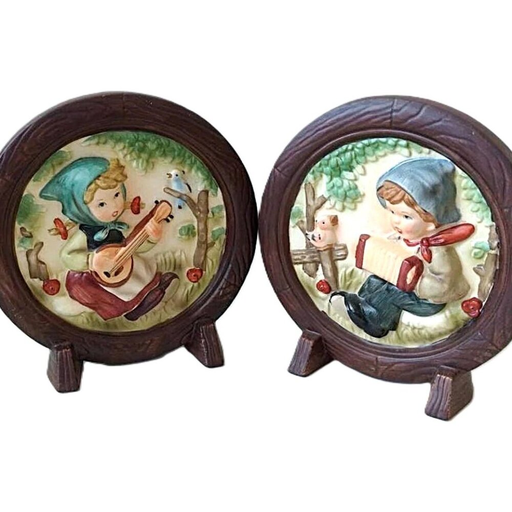 Vintage Cottagecore Ceramic Pictures Boy Girl Musicians Set of 2
